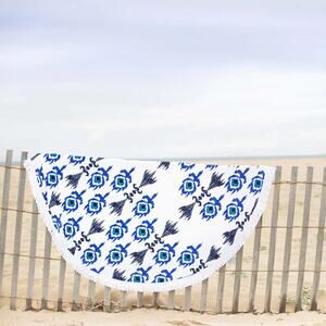 SwimZip White/Blue Ikat Pattern Fringe Trim Terry Cloth Round Beach Towel 60”